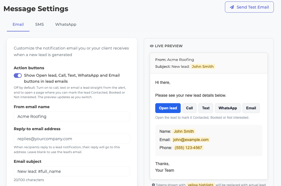 The Action buttons switch in Message Settings