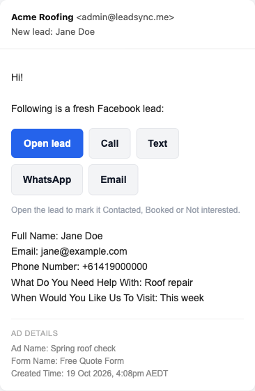 A lead email with the action buttons switched on