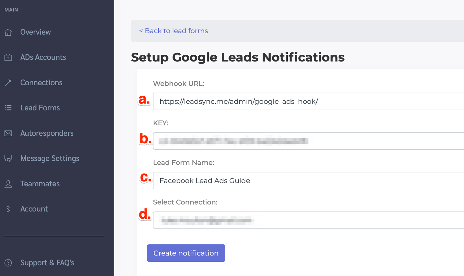 Google lead form settings