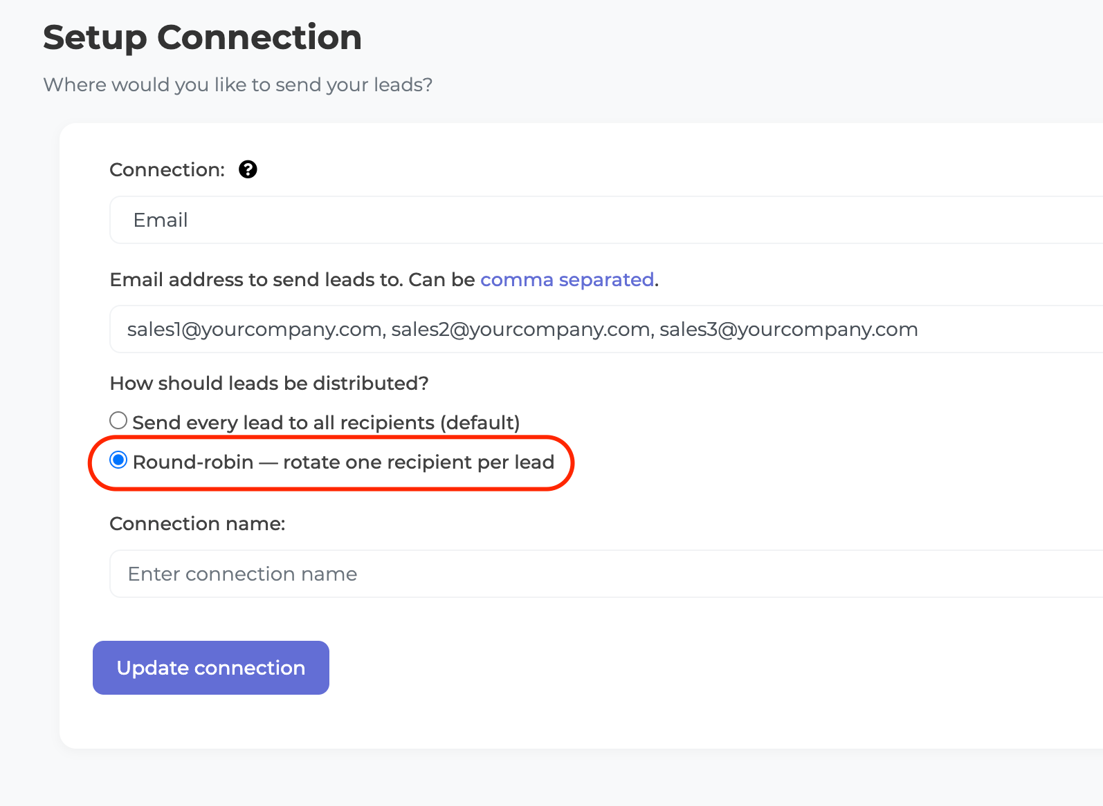 Round-robin email lead distribution setting